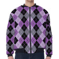 Black Grey And Violet Argyle Print Zip Sleeve Bomber Jacket