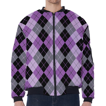 Black Grey And Violet Argyle Print Zip Sleeve Bomber Jacket