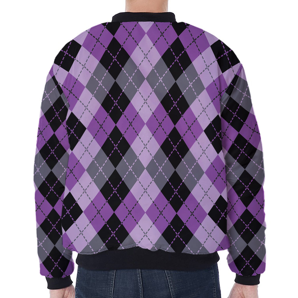 Black Grey And Violet Argyle Print Zip Sleeve Bomber Jacket
