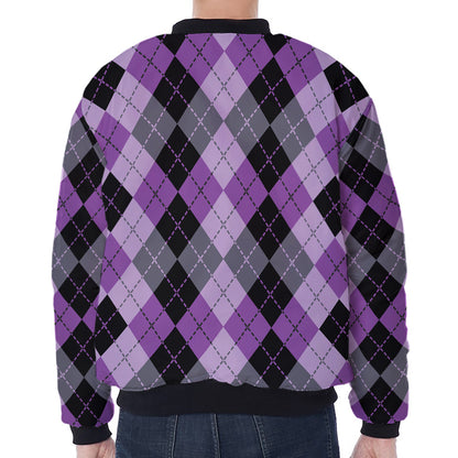 Black Grey And Violet Argyle Print Zip Sleeve Bomber Jacket