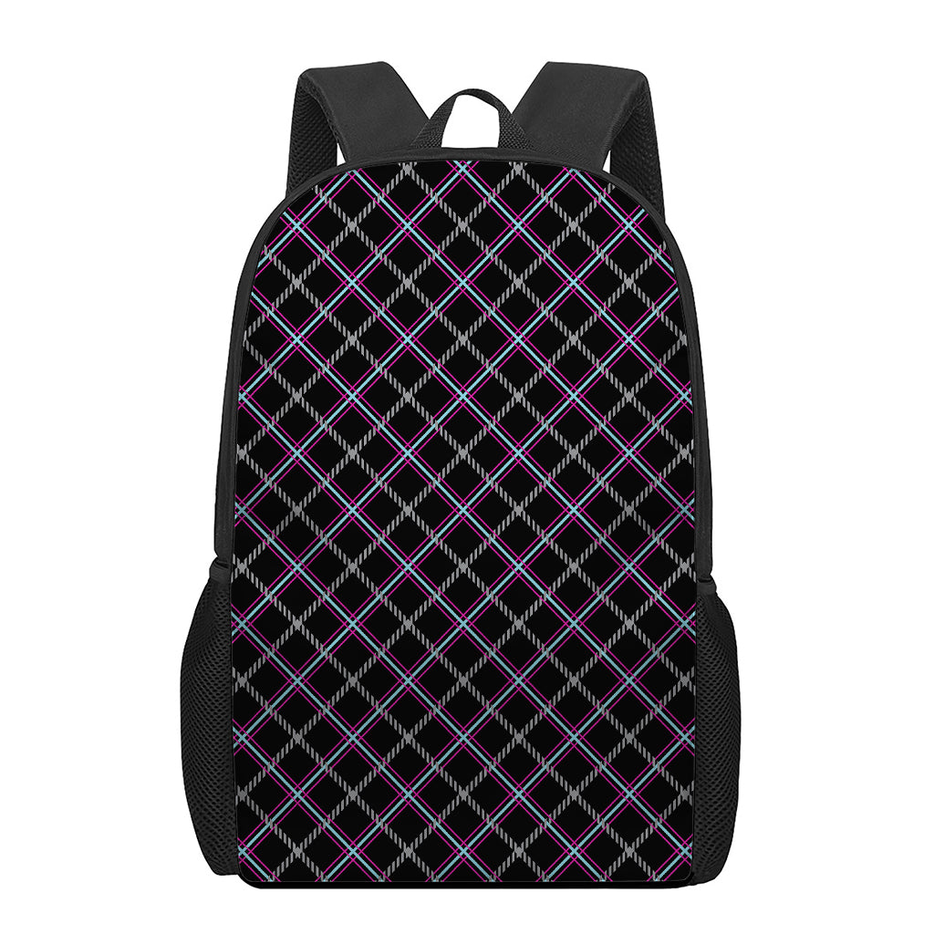 Black Grey Blue And Pink Tartan Print 17 Inch Backpack