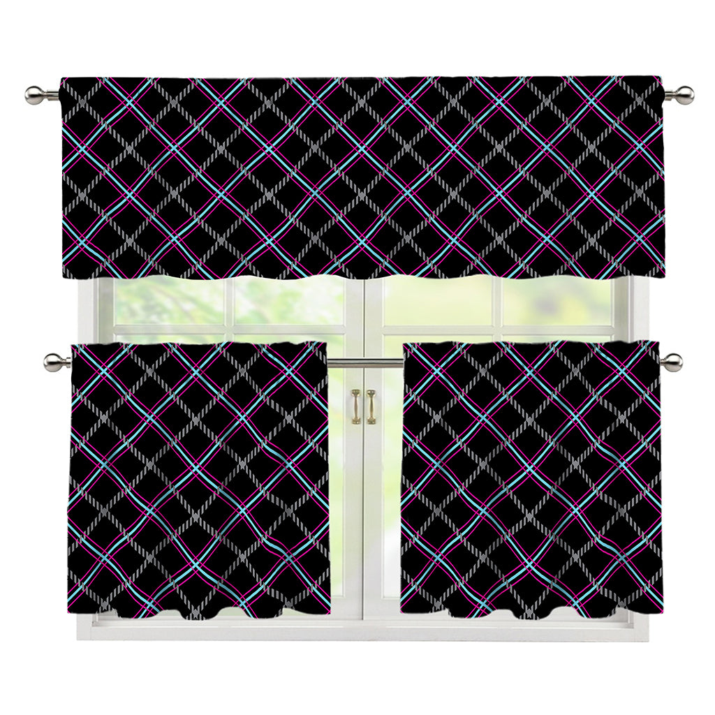 Black Grey Blue And Pink Tartan Print 3 Piece Kitchen Curtains