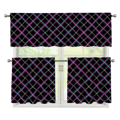 Black Grey Blue And Pink Tartan Print 3 Piece Kitchen Curtains