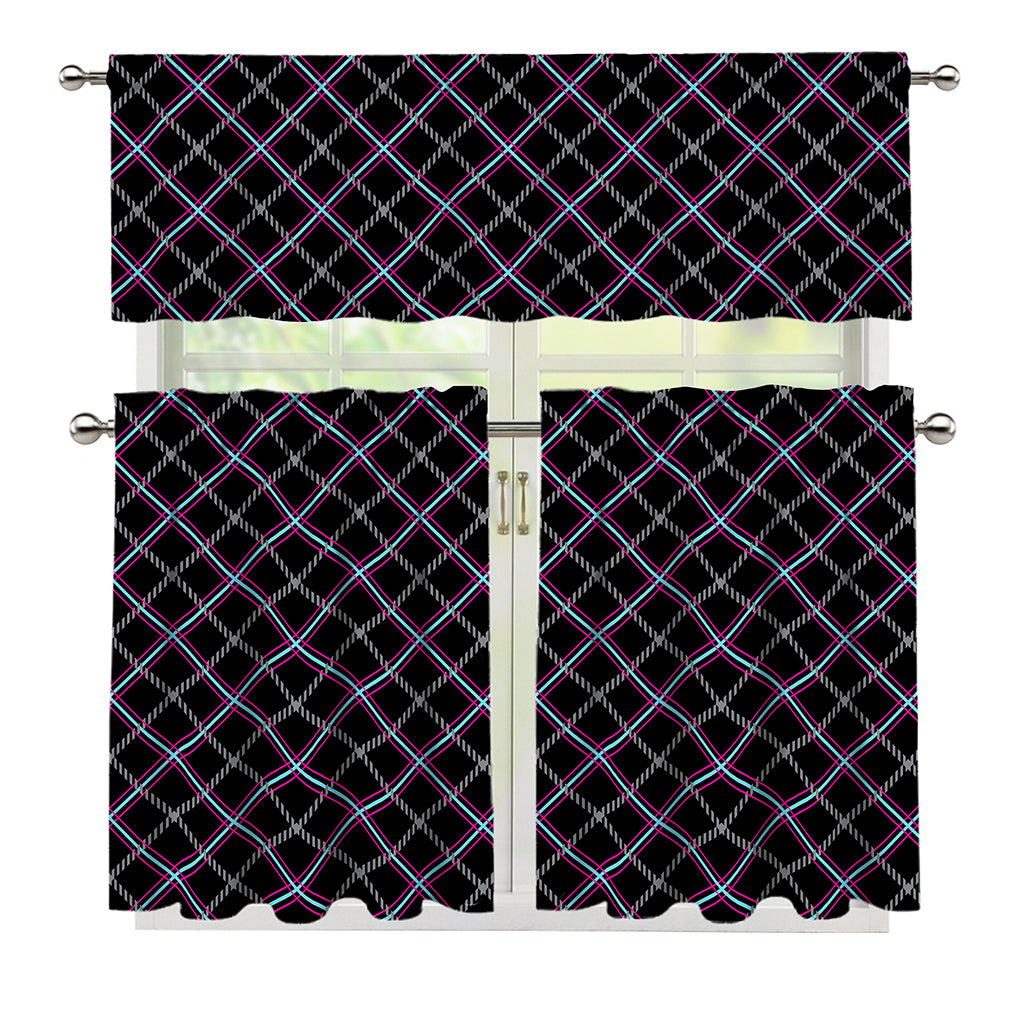 Black Grey Blue And Pink Tartan Print 3 Piece Kitchen Curtains