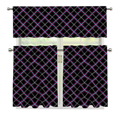 Black Grey Blue And Pink Tartan Print 3 Piece Kitchen Curtains