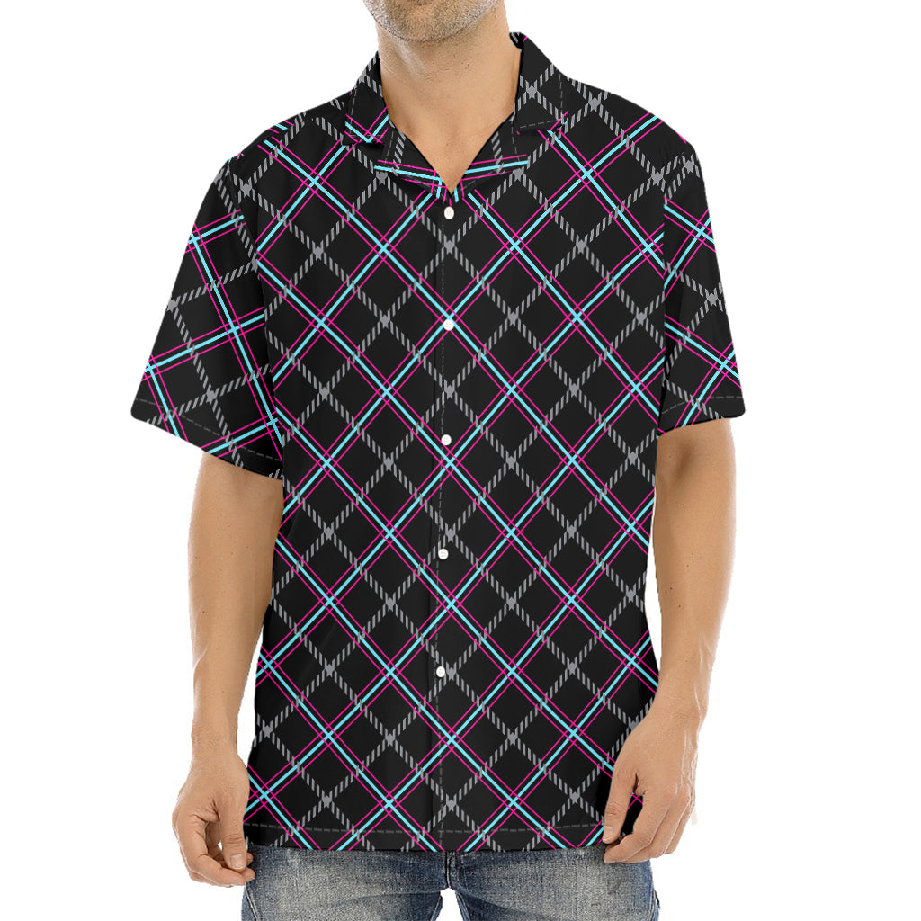Black Grey Blue And Pink Tartan Print Aloha Shirt