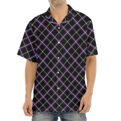 Black Grey Blue And Pink Tartan Print Aloha Shirt