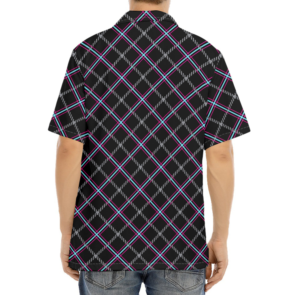 Black Grey Blue And Pink Tartan Print Aloha Shirt