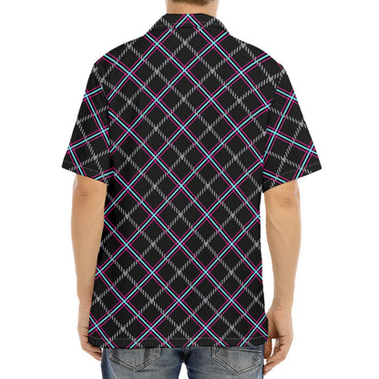 Black Grey Blue And Pink Tartan Print Aloha Shirt