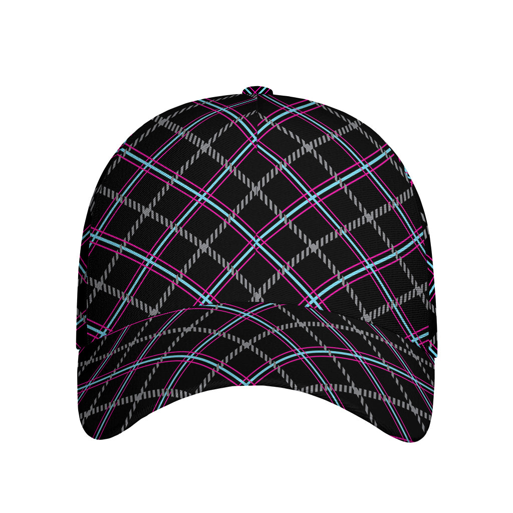Black Grey Blue And Pink Tartan Print Baseball Cap