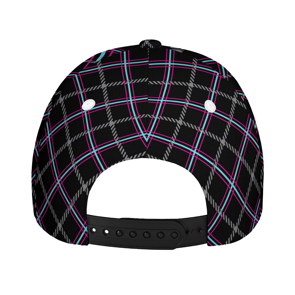 Black Grey Blue And Pink Tartan Print Baseball Cap