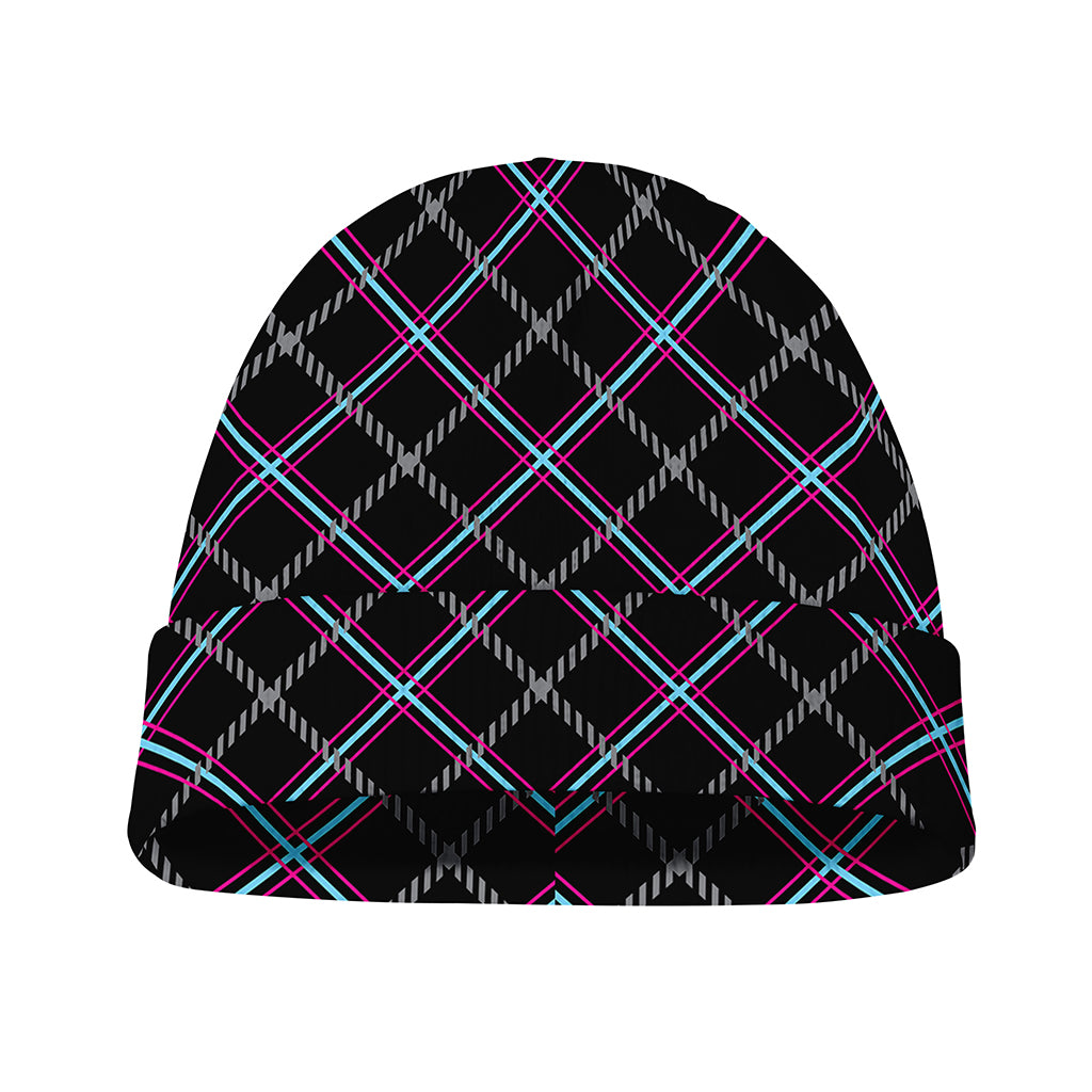Black Grey Blue And Pink Tartan Print Beanie