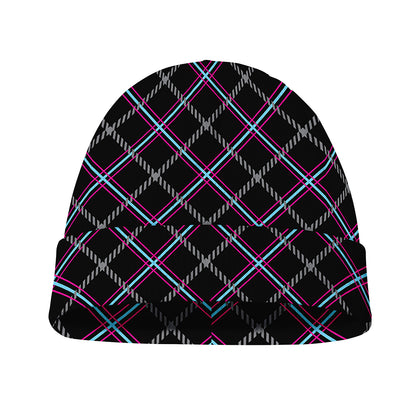 Black Grey Blue And Pink Tartan Print Beanie