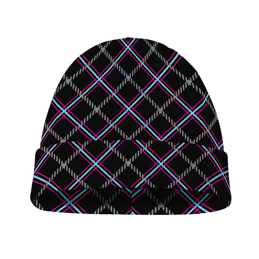 Black Grey Blue And Pink Tartan Print Beanie