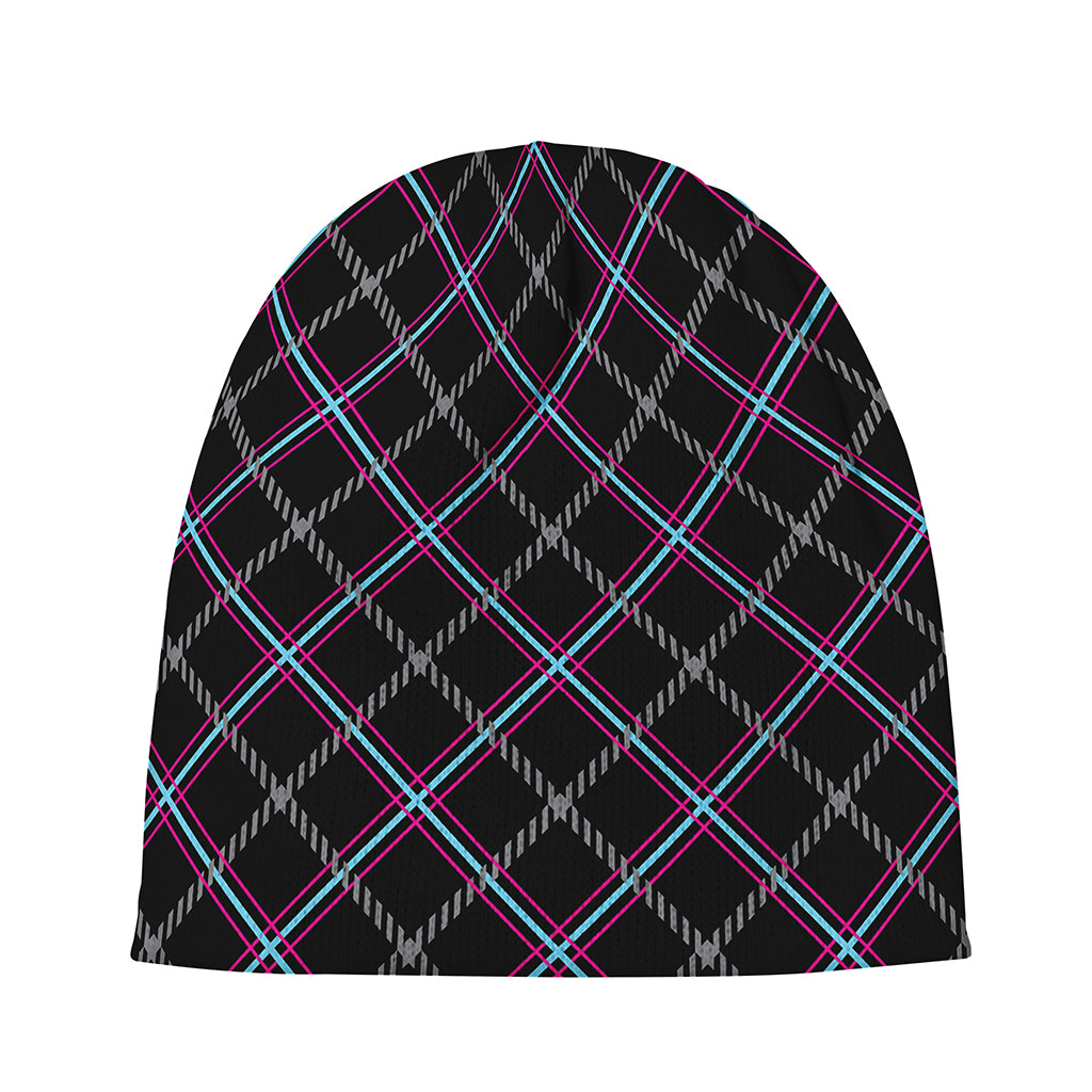 Black Grey Blue And Pink Tartan Print Beanie