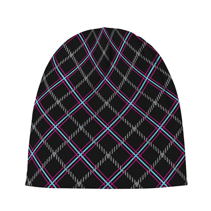 Black Grey Blue And Pink Tartan Print Beanie