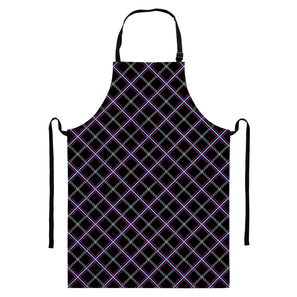 Black Grey Blue And Pink Tartan Print Bib Apron With Pocket