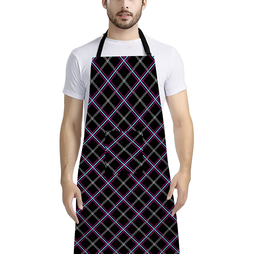 Black Grey Blue And Pink Tartan Print Bib Apron With Pocket