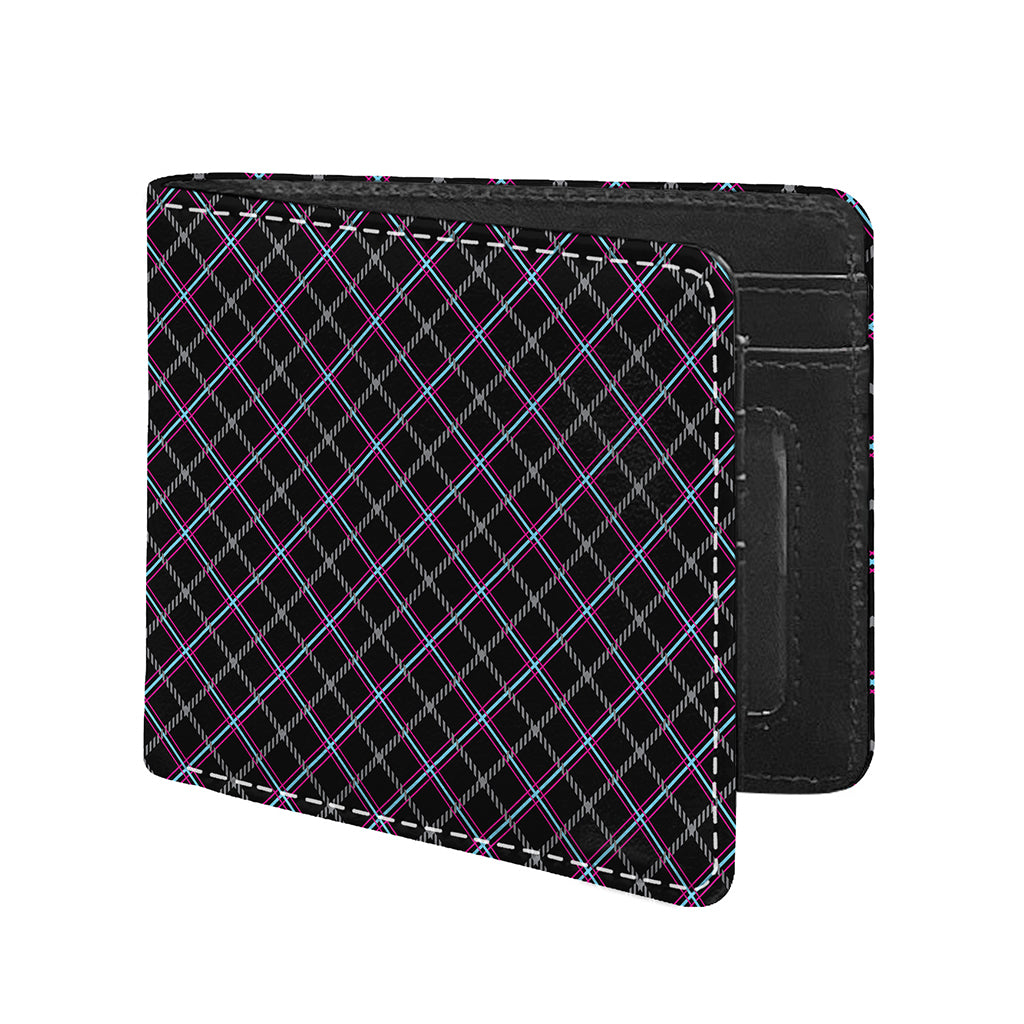 Black Grey Blue And Pink Tartan Print Bifold Wallet