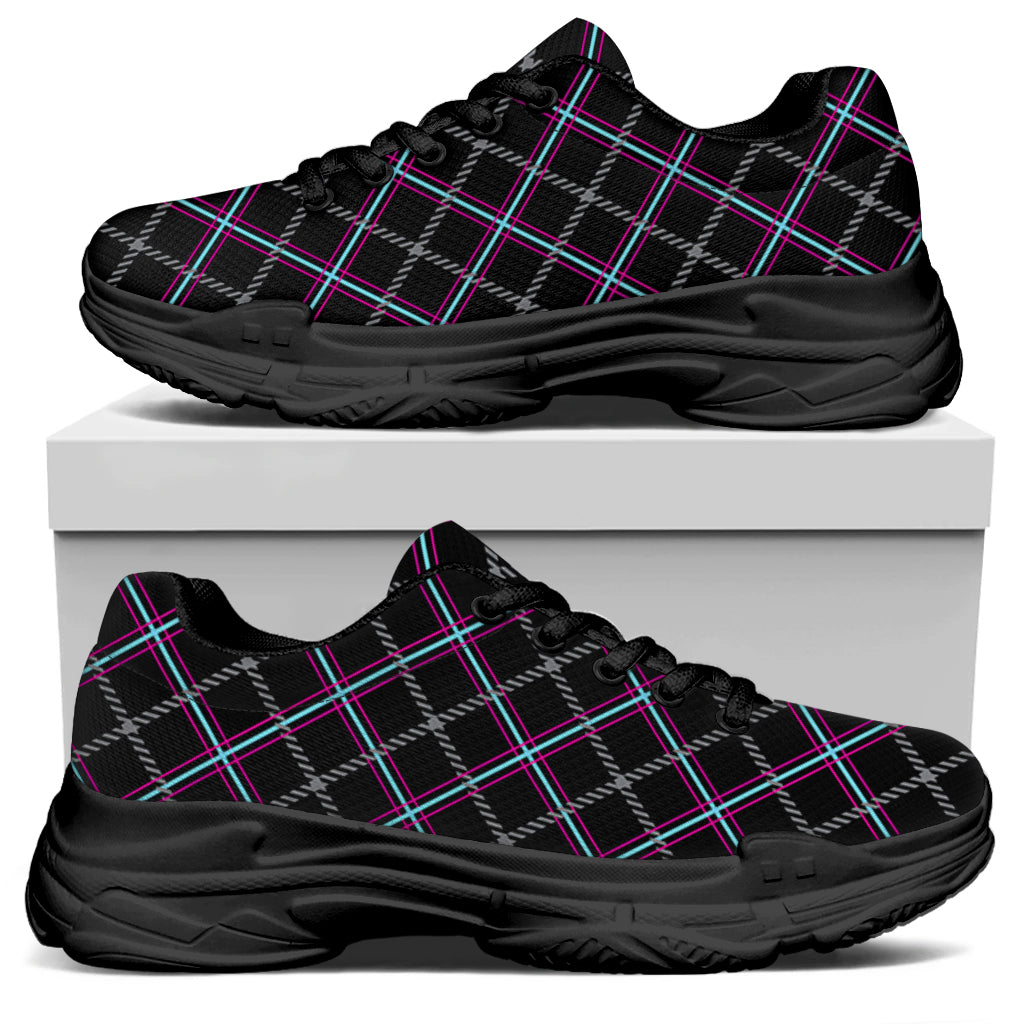 Black Grey Blue And Pink Tartan Print Black Chunky Shoes