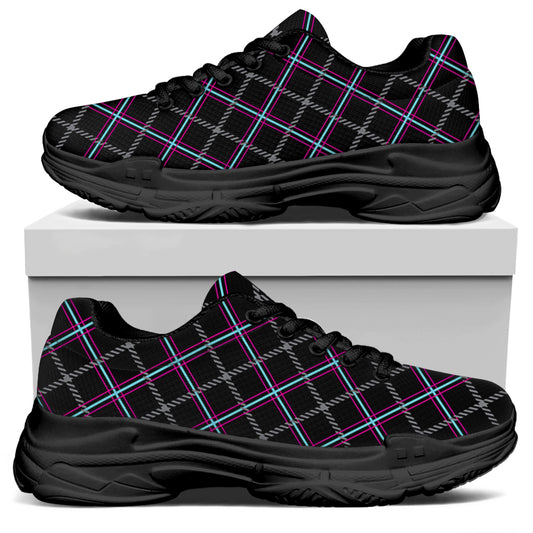 Black Grey Blue And Pink Tartan Print Black Chunky Shoes