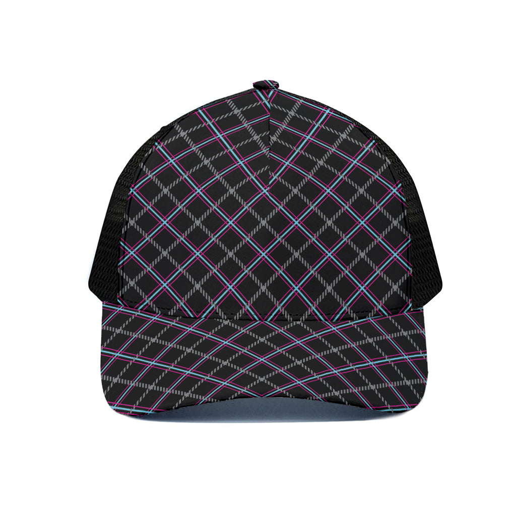 Black Grey Blue And Pink Tartan Print Black Mesh Trucker Cap