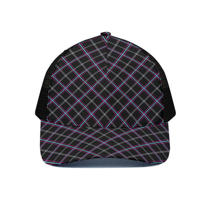 Black Grey Blue And Pink Tartan Print Black Mesh Trucker Cap