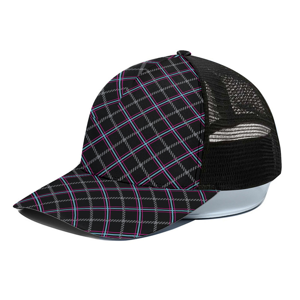 Black Grey Blue And Pink Tartan Print Black Mesh Trucker Cap
