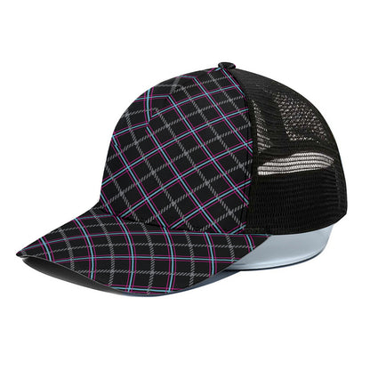 Black Grey Blue And Pink Tartan Print Black Mesh Trucker Cap