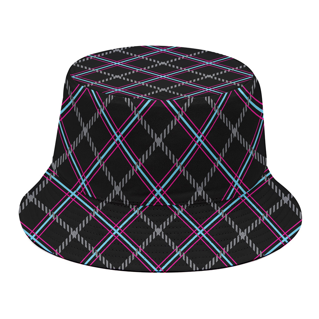 Black Grey Blue And Pink Tartan Print Bucket Hat