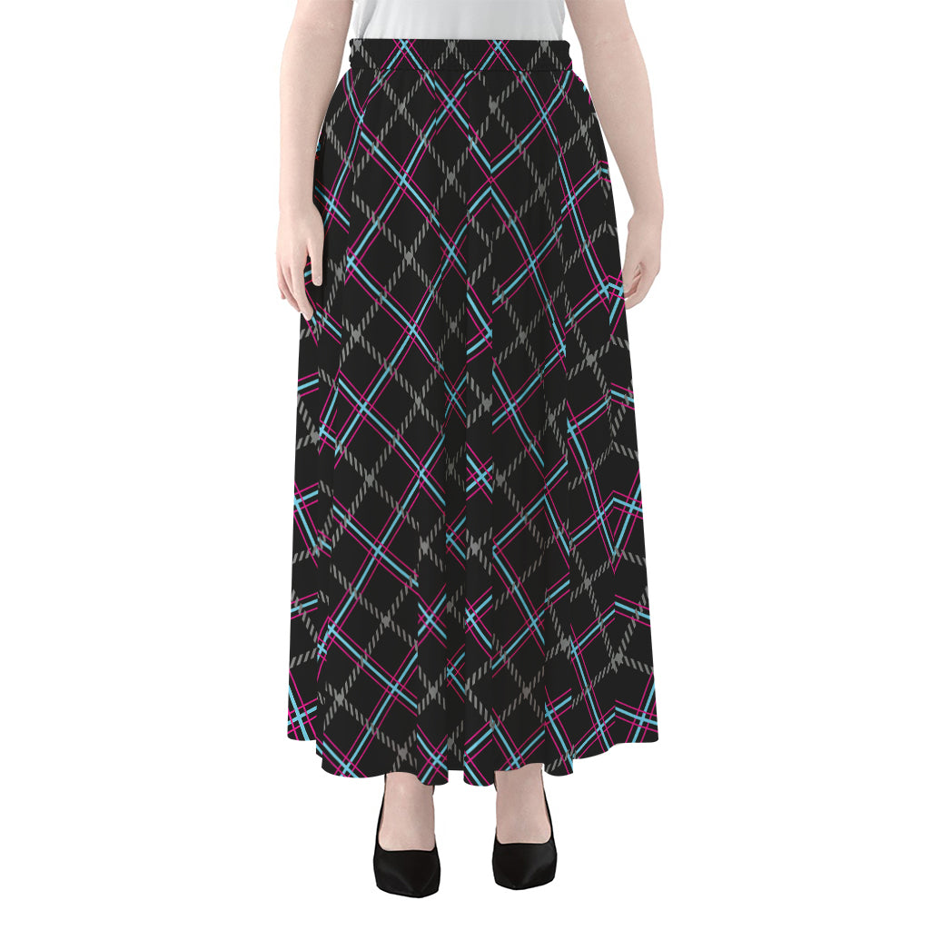 Black Grey Blue And Pink Tartan Print Chiffon Maxi Skirt