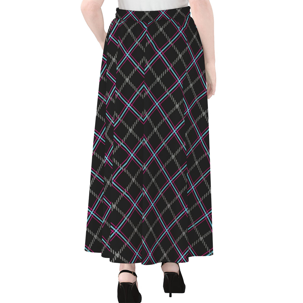 Black Grey Blue And Pink Tartan Print Chiffon Maxi Skirt