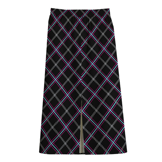 Black Grey Blue And Pink Tartan Print Cotton Front Slit Maxi Skirt