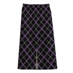 Black Grey Blue And Pink Tartan Print Cotton Front Slit Maxi Skirt