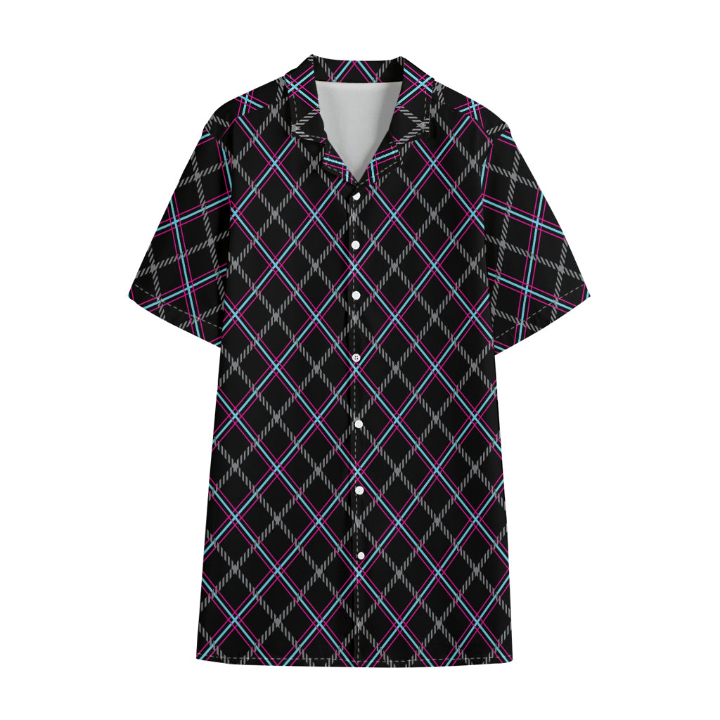 Black Grey Blue And Pink Tartan Print Cotton Hawaiian Shirt