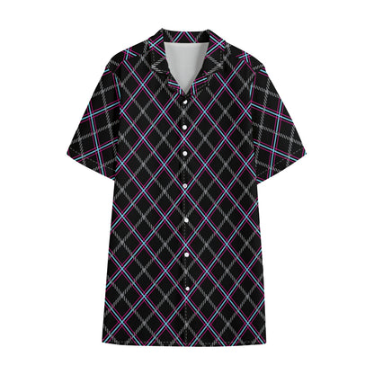 Black Grey Blue And Pink Tartan Print Cotton Hawaiian Shirt