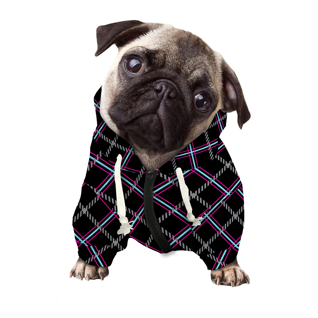 Black Grey Blue And Pink Tartan Print Dog Zip Up Hoodie