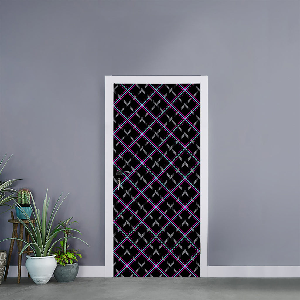 Black Grey Blue And Pink Tartan Print Door Sticker