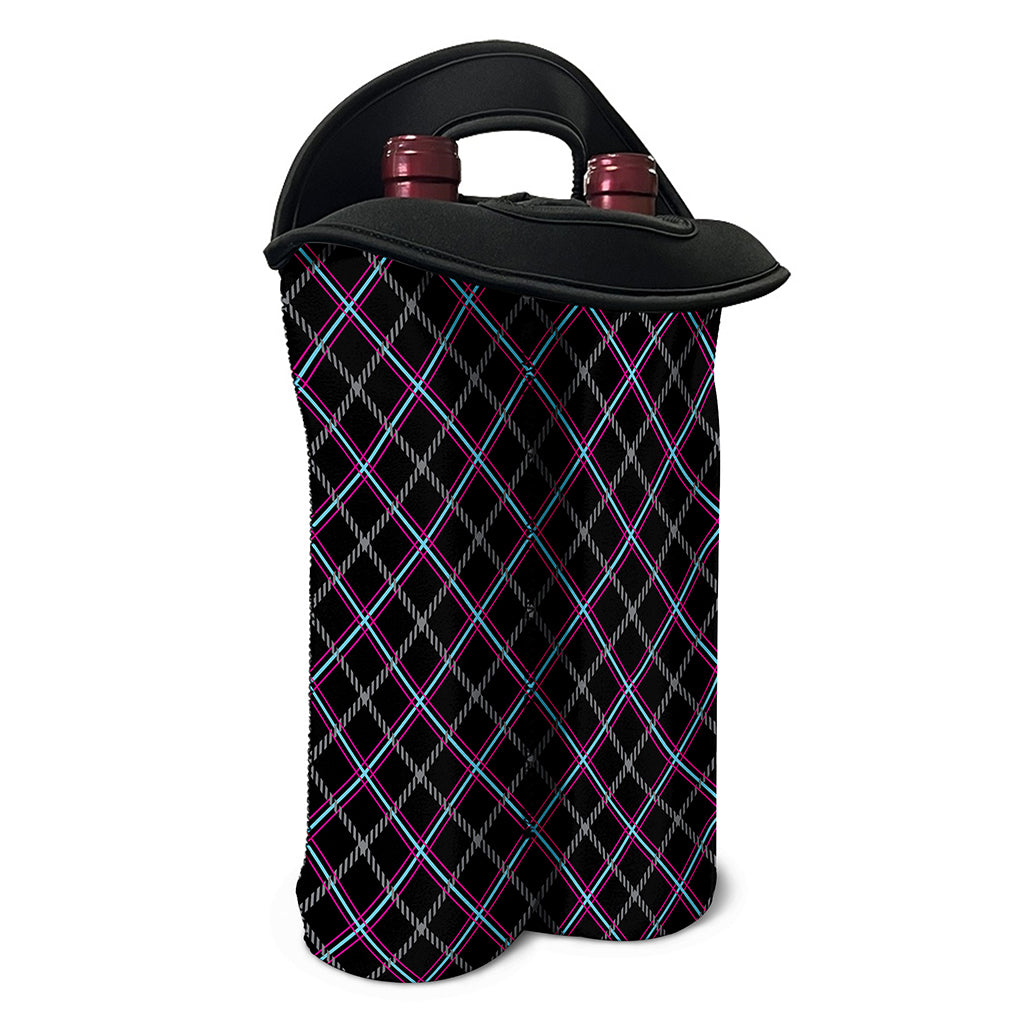 Black Grey Blue And Pink Tartan Print Double Neoprene Wine Tote