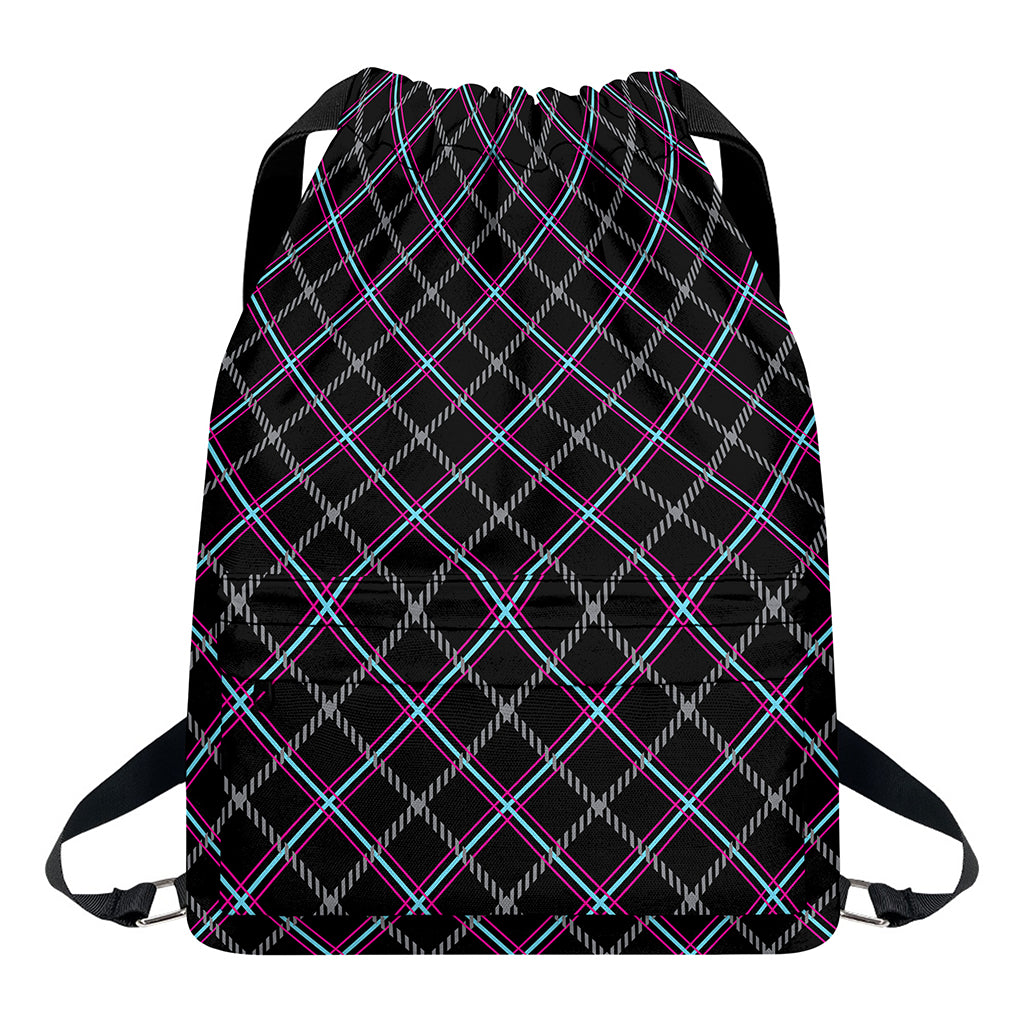 Black Grey Blue And Pink Tartan Print Drawstring Backpack