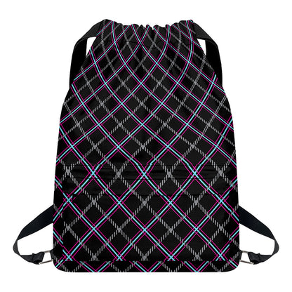 Black Grey Blue And Pink Tartan Print Drawstring Backpack