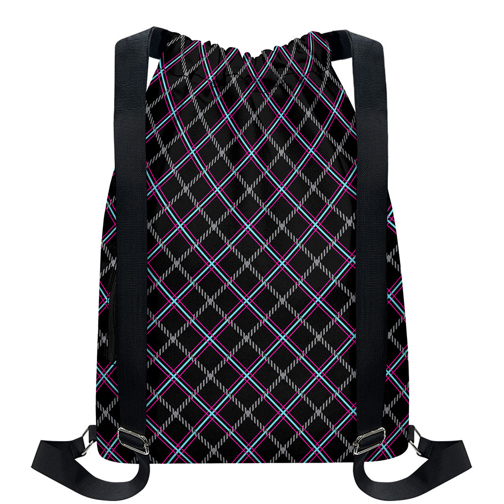 Black Grey Blue And Pink Tartan Print Drawstring Backpack