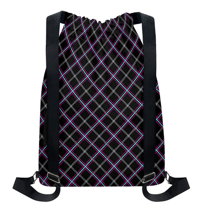 Black Grey Blue And Pink Tartan Print Drawstring Backpack