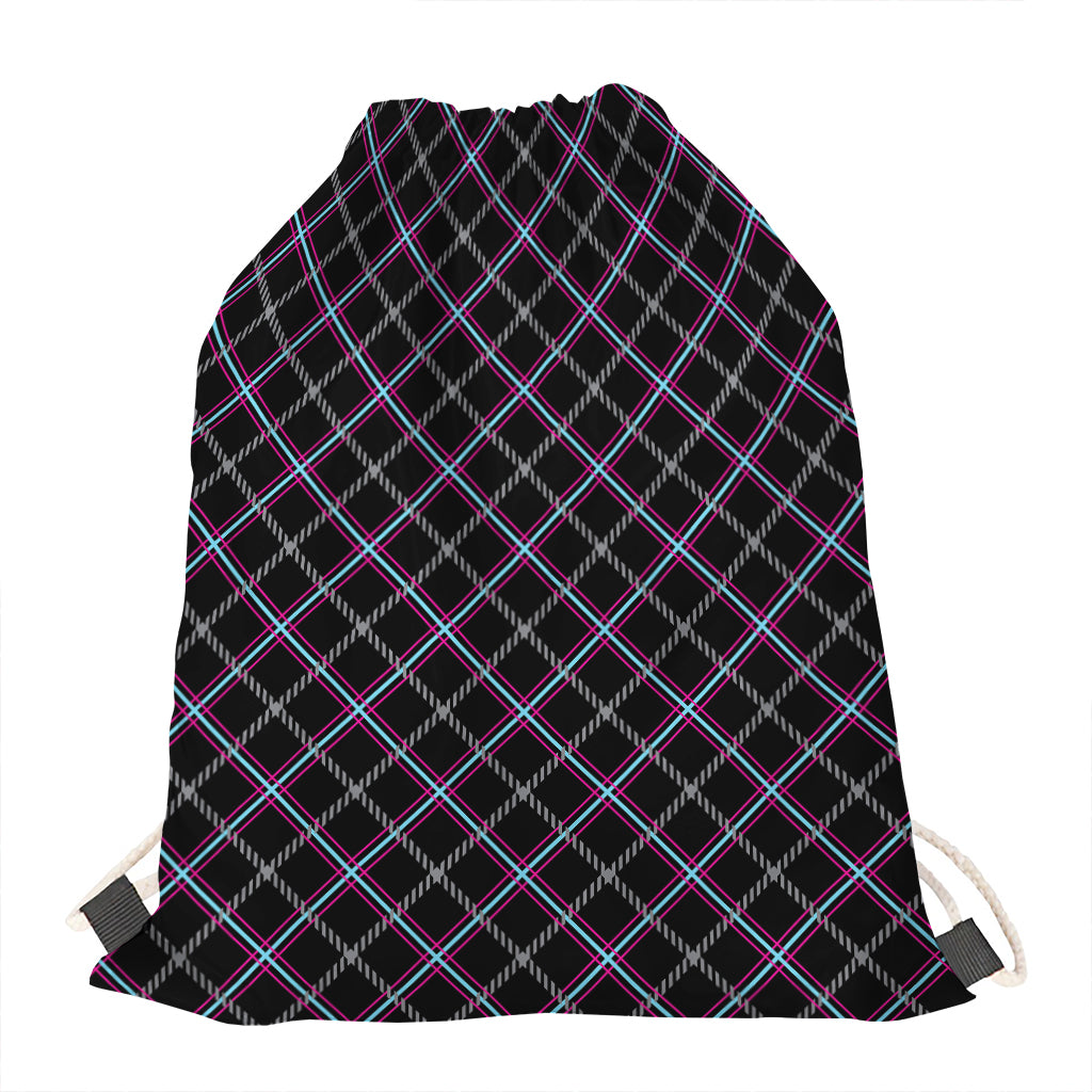Black Grey Blue And Pink Tartan Print Drawstring Bag