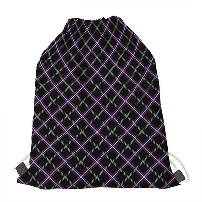 Black Grey Blue And Pink Tartan Print Drawstring Bag