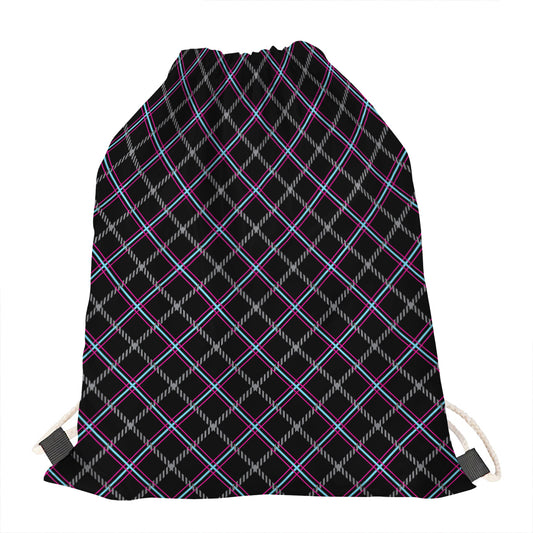 Black Grey Blue And Pink Tartan Print Drawstring Bag