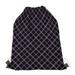 Black Grey Blue And Pink Tartan Print Drawstring Bag