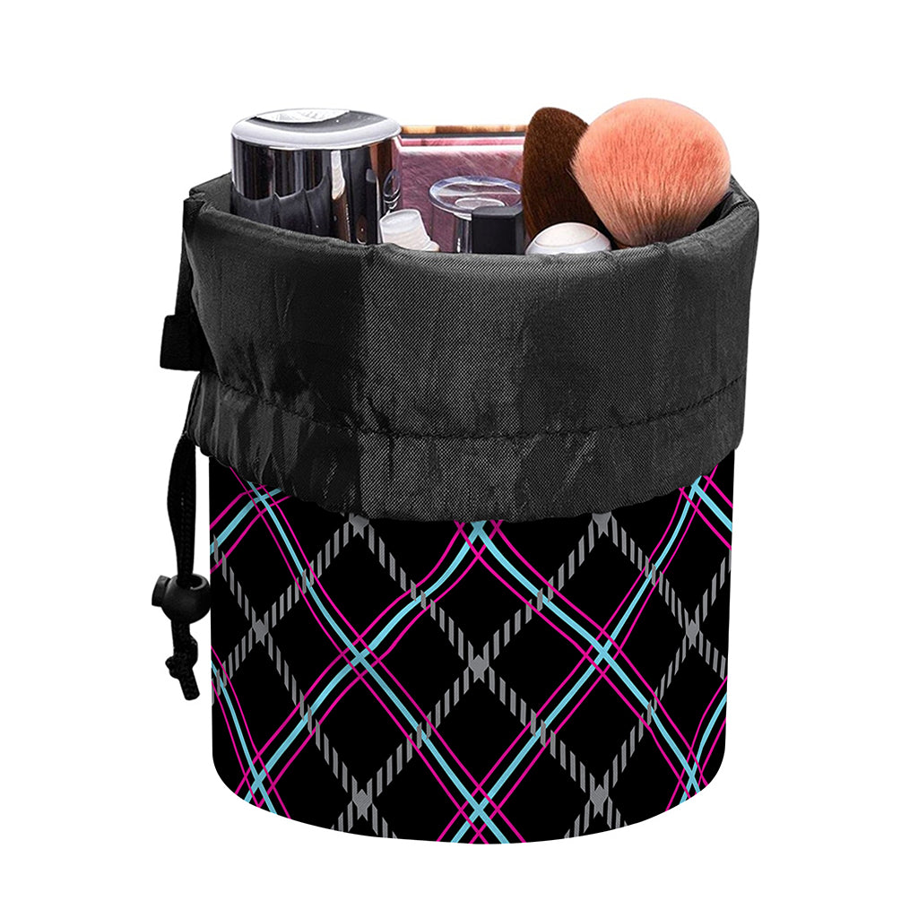 Black Grey Blue And Pink Tartan Print Drawstring Makeup Bag