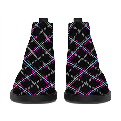 Black Grey Blue And Pink Tartan Print Flat Ankle Boots