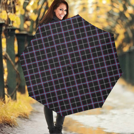 Black Grey Blue And Pink Tartan Print Foldable Umbrella